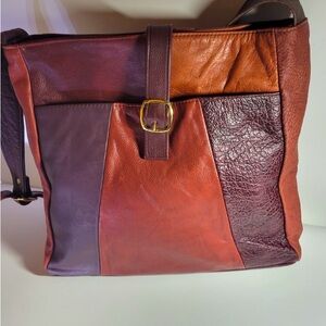 Vintage Patchwork Leather Shoulder Bag with long shoulder strap,gold hardware